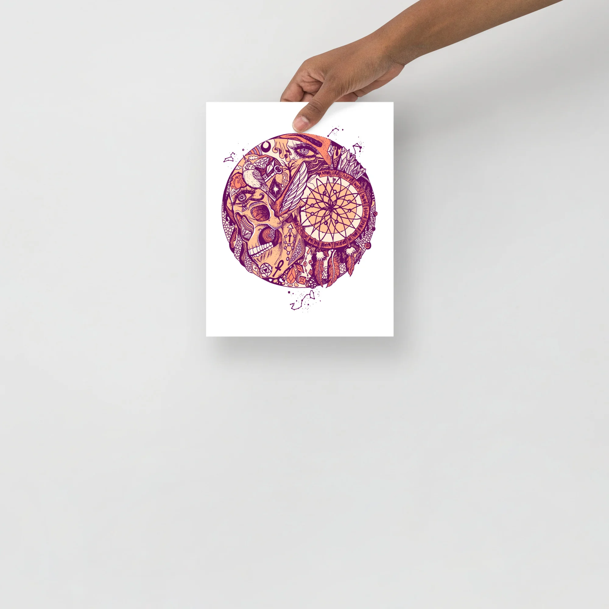 Purple and peach skull and dreamcatcher art print with intricate mandala design on white background