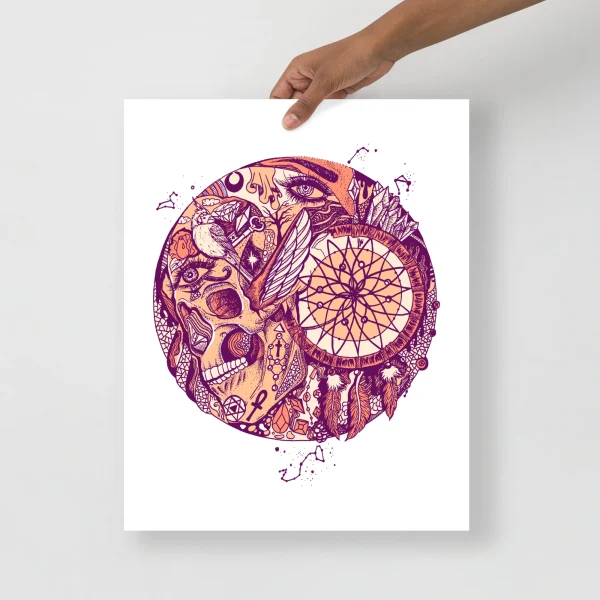 Skull and dreamcatcher art print featuring intricate line work in purple and orange tones with mystical botanical details.