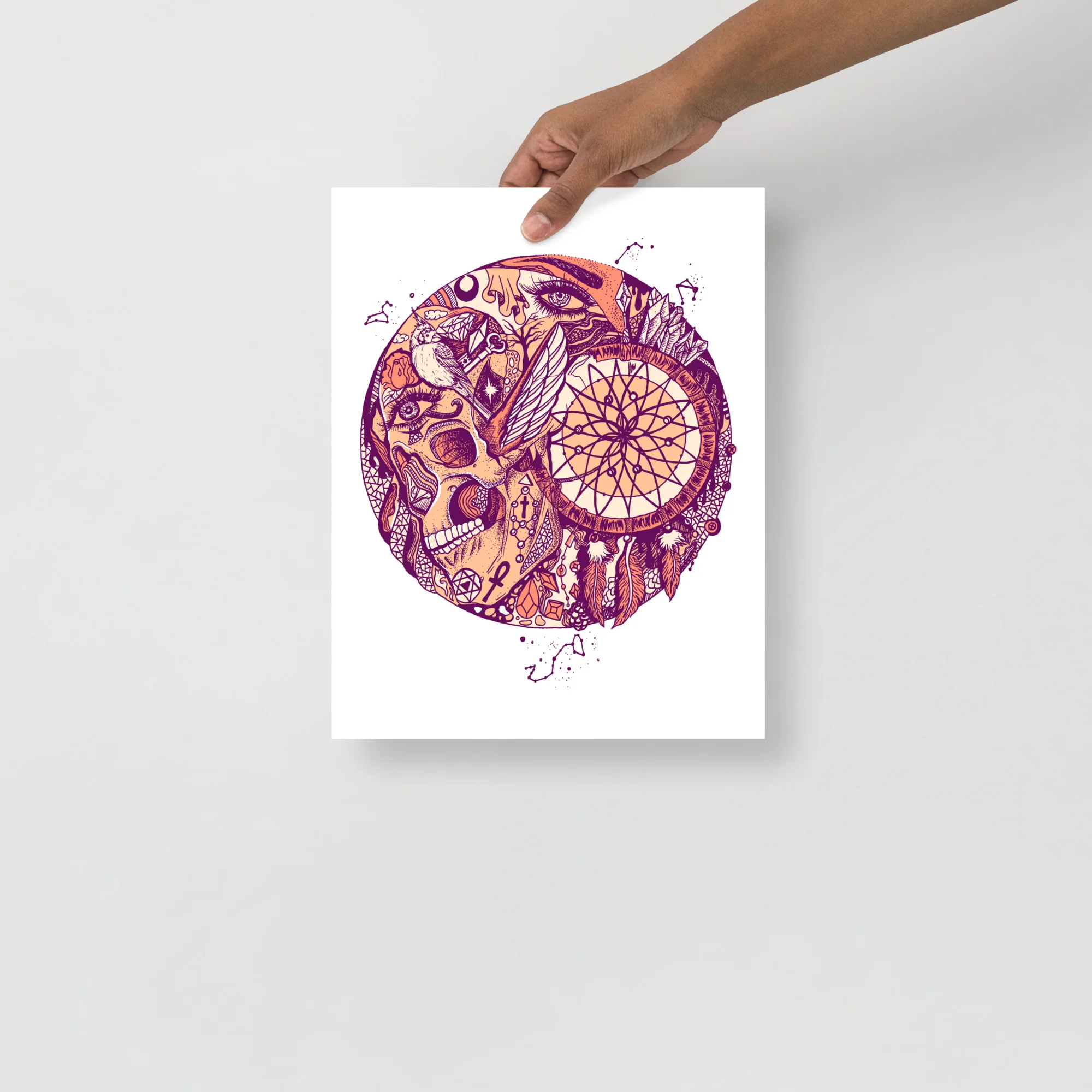 Purple and orange skull and dreamcatcher art print with intricate line work and boho details on white background