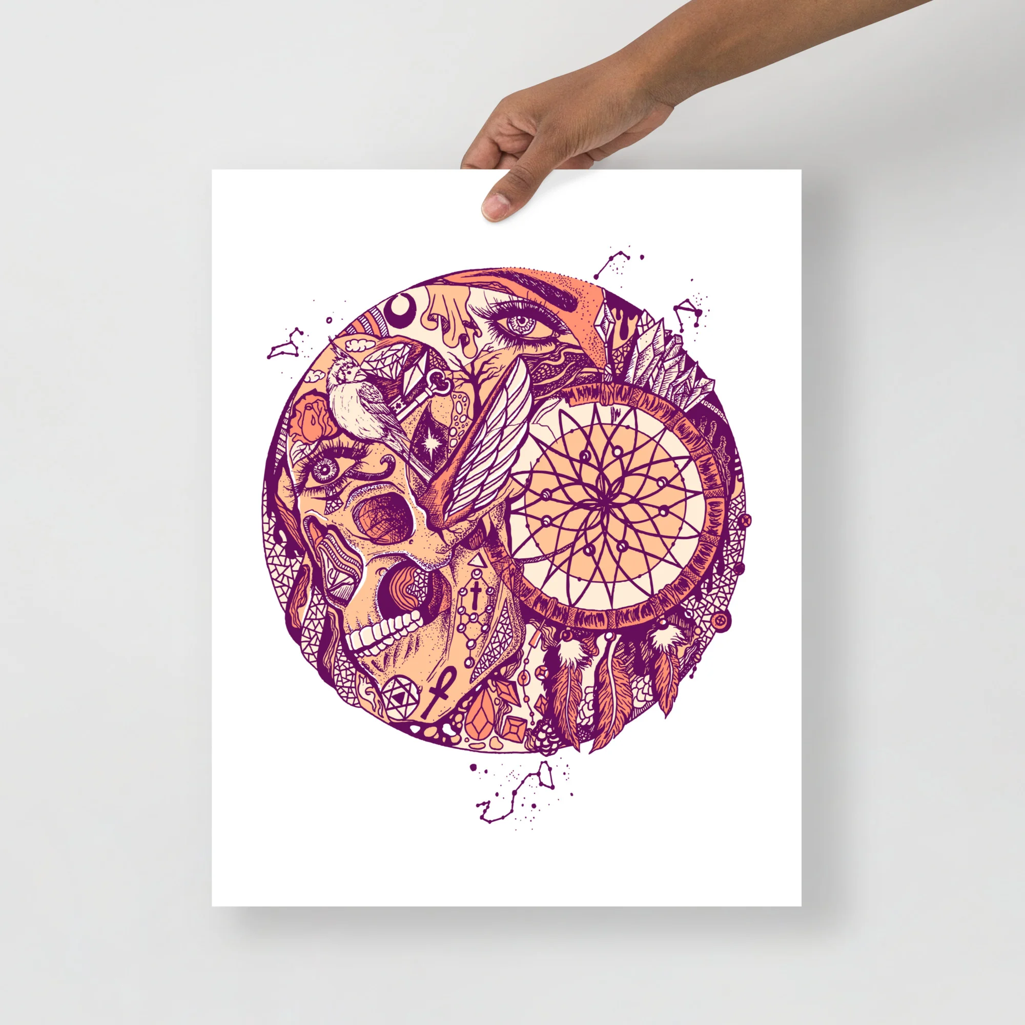Skull and dreamcatcher art print featuring intricate line work in purple and orange tones with mystical botanical details.