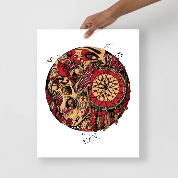 Intricate skull and dreamcatcher art print in royal red and gold tones with detailed line work and feather accents