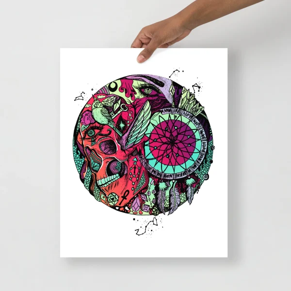 Colorful skull and dreamcatcher art print with vibrant pink, purple, and green hues in a circular sunset composition