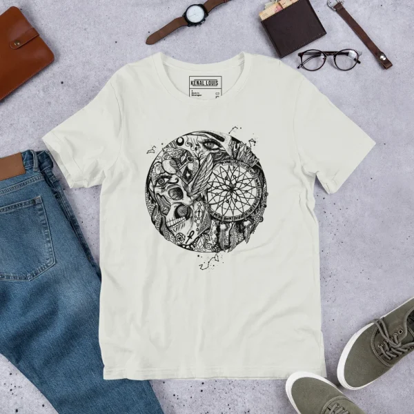 Cream colored skull and dreamcatcher t-shirt featuring black circular line art design with intricate details