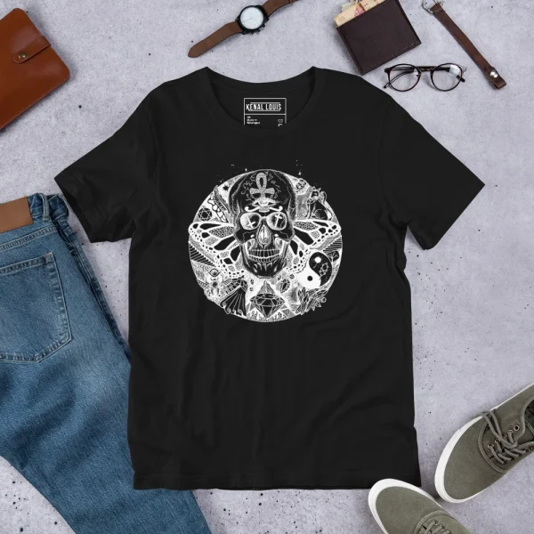 Black skull graphic t-shirt with white circle of humanity line art design featuring intricate occult and mystical imagery.