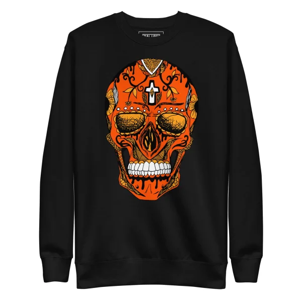 Black skull sweatshirt featuring a bold orange and gold Day of the Dead sugar skull design with ornate patterns and cross motif.
