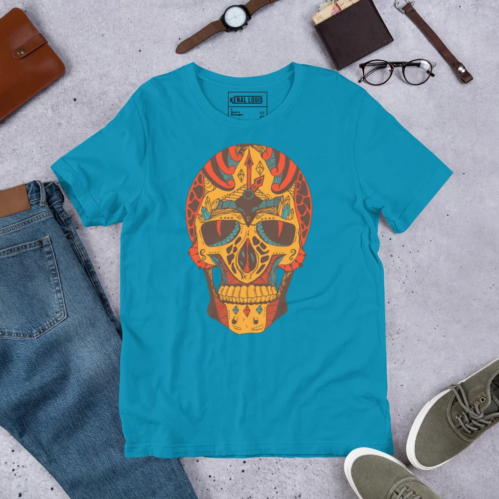 Aqua blue skull t-shirt with ornate gold and orange Day of the Dead design featuring sunglasses