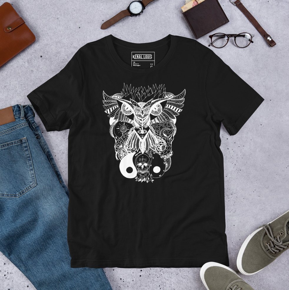 White line art owl perched beside skull on striking graphic tee