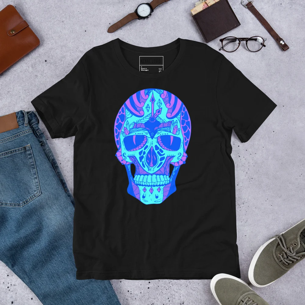 Black skull t-shirt with neon blue and pink surreal graphic art featuring a stylized skull with sunglasses and ornate patterns.