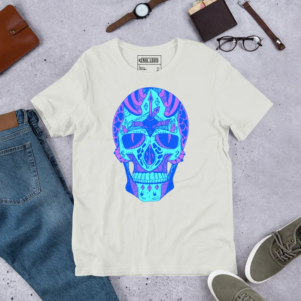 Cream skull t-shirt with blue and pink neon time skull graphic art design featuring sunglasses