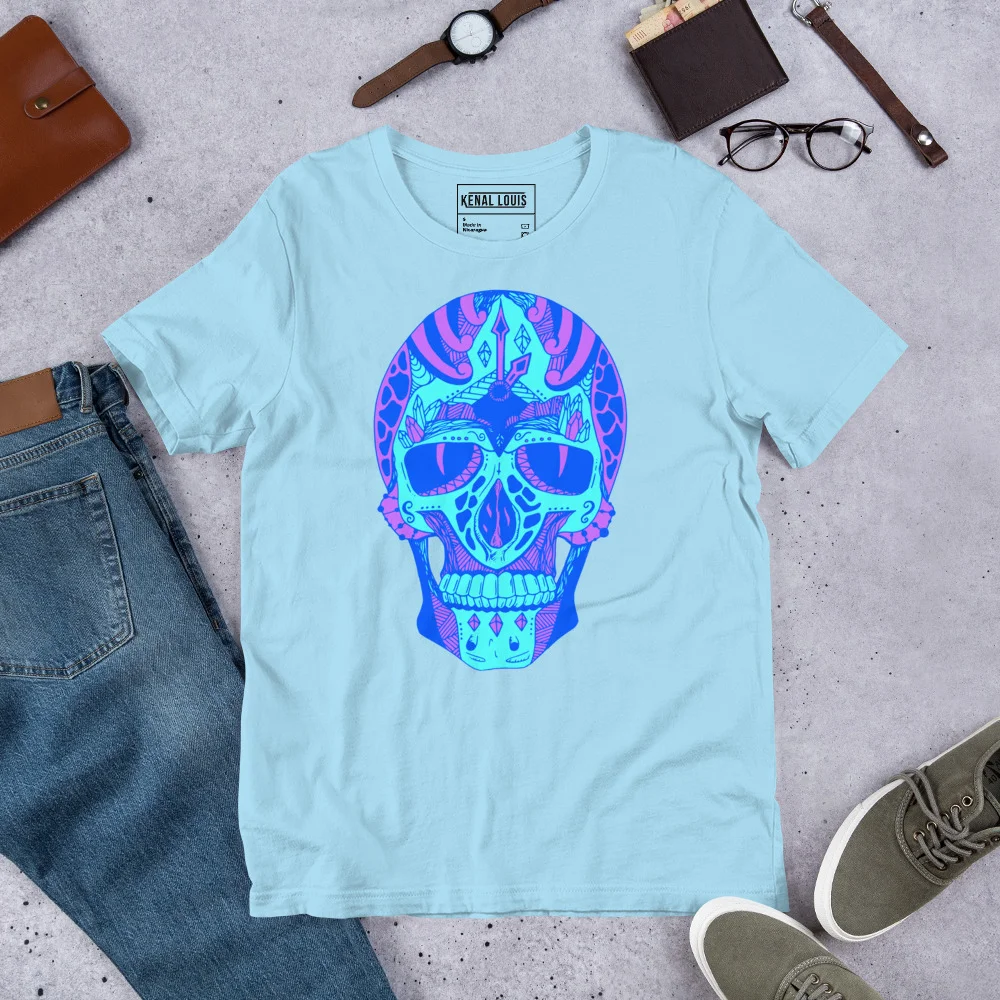 Light blue skull t-shirt featuring vibrant neon blue and pink surreal graphic art with sunglasses design