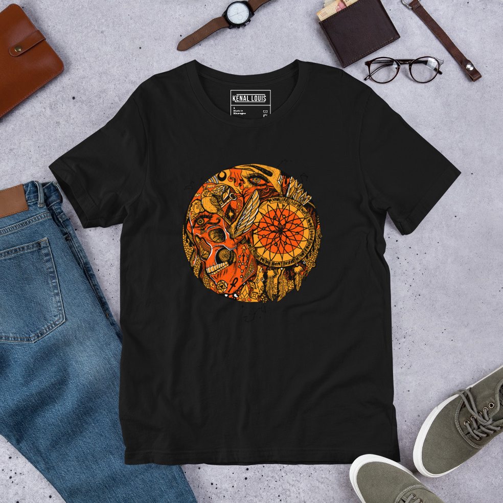Orange and black gothic mystical skull tee with bold dramatic artwork