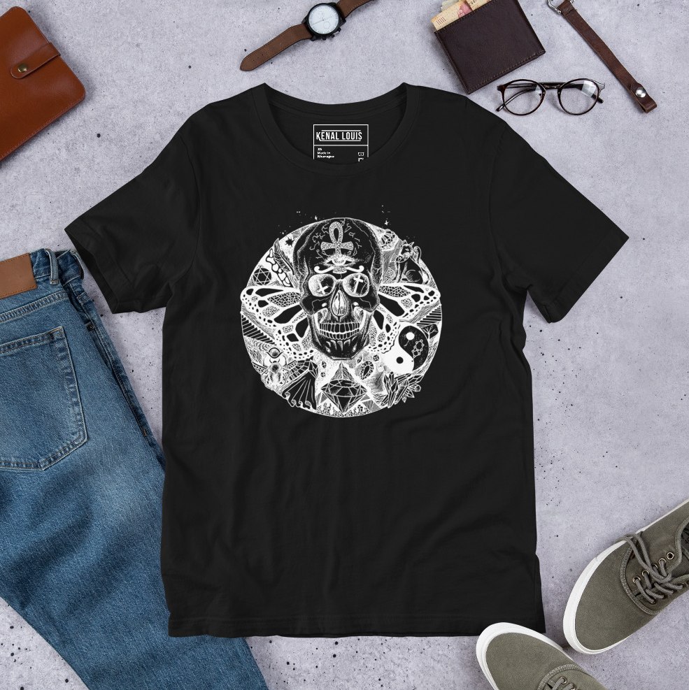 Circle of humanity skull t shirts featuring intricate line art design on classic tee