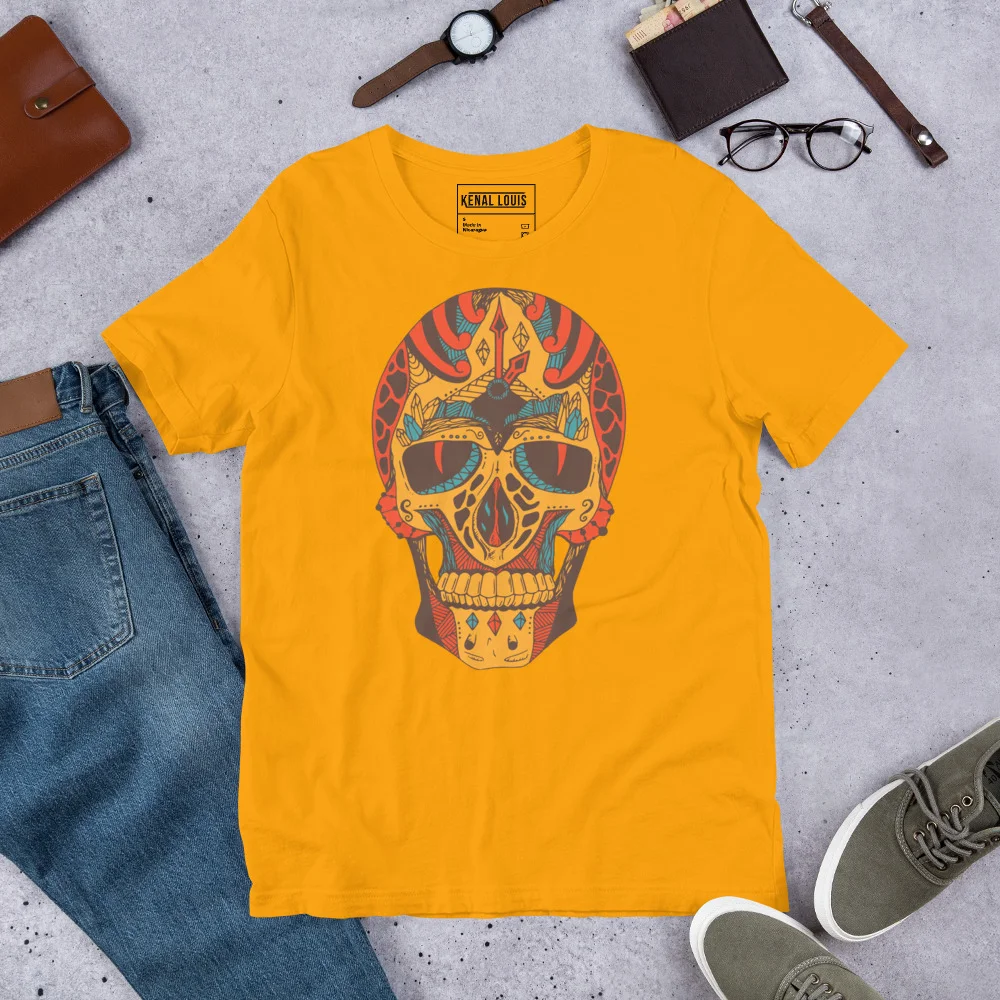 Gold yellow skull t-shirt featuring colorful decorative skull art with sunglasses and ornamental patterns