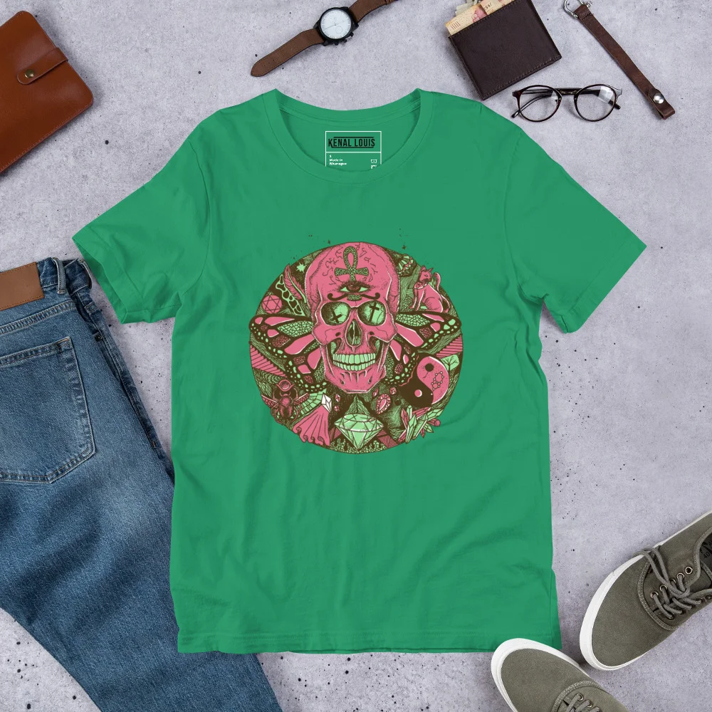 Kelly green skull t-shirt with pink and green Circle of Humanity design featuring ornate floral motifs