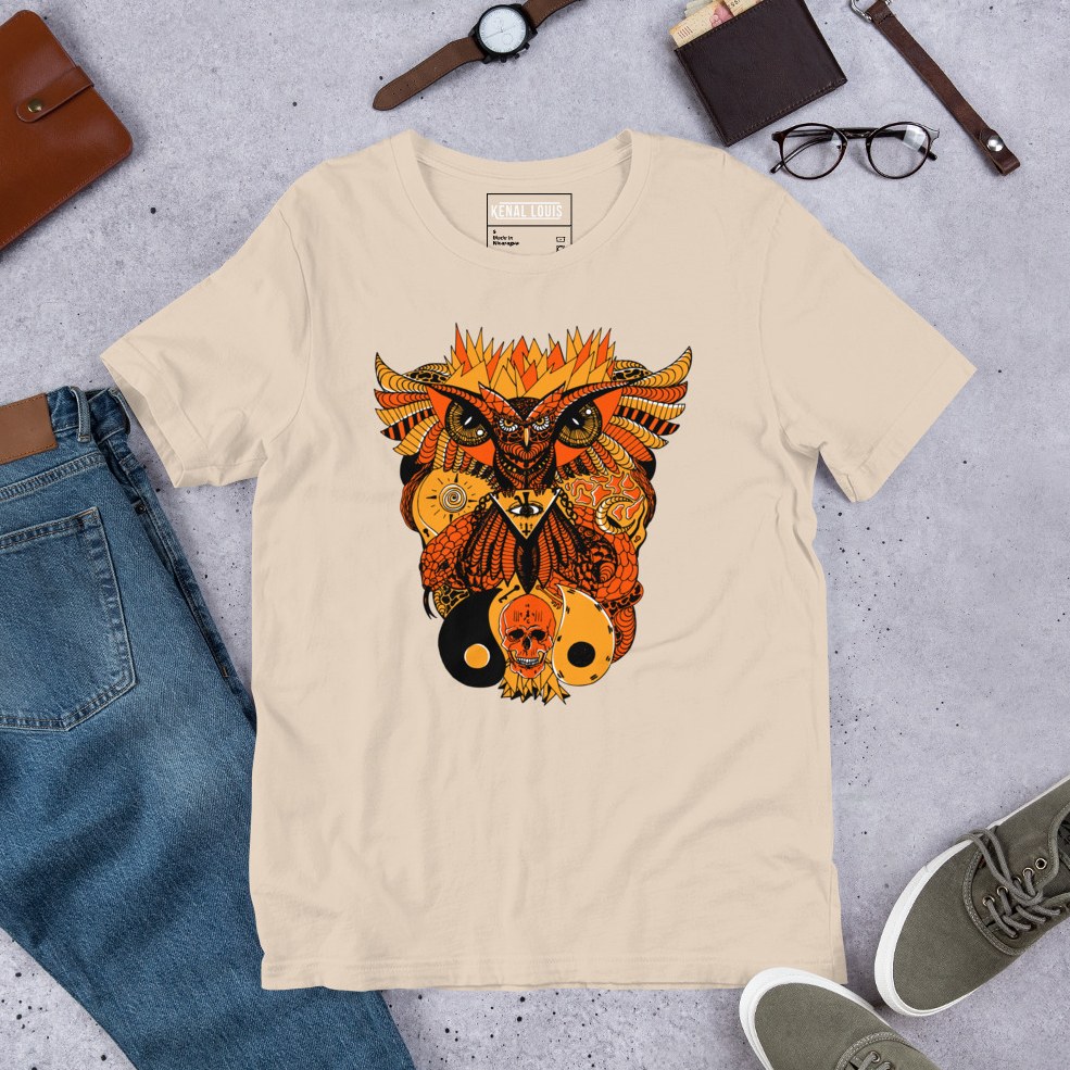 Black and orange owl skull art tee featuring rich contrasting tones