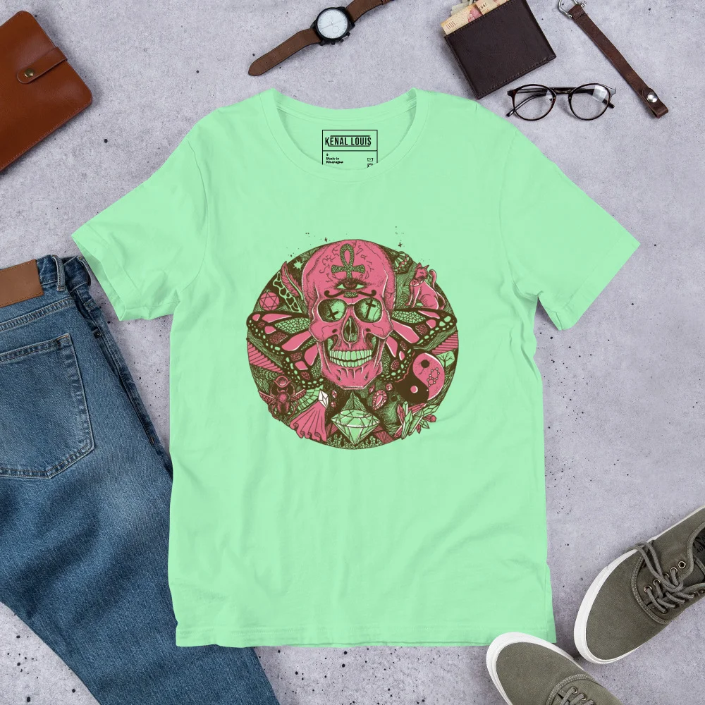 Mint green skull t-shirt featuring pink and green Circle of Humanity art design with botanical details