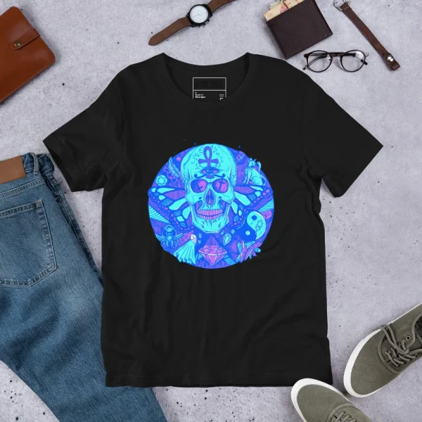 Black skull t-shirt featuring a vibrant ocean blue circular design with intricate geometric and spiritual artwork