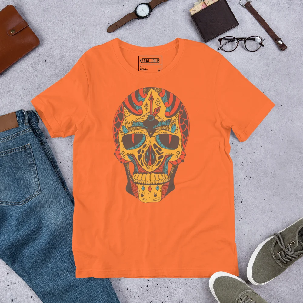 Orange skull t-shirt with ornate time cafe graphic design featuring decorative patterns and sunglasses
