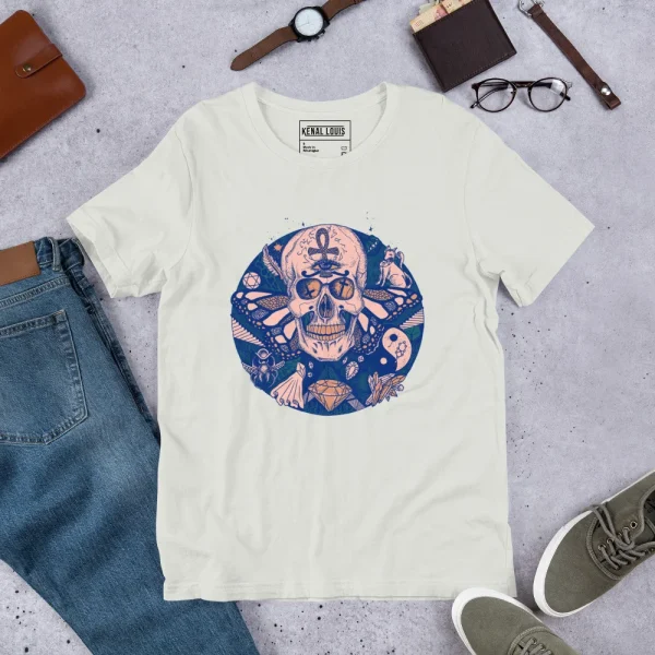 Cream skull t-shirt with pink and blue circle of humanity graphic design featuring ornate skull artwork