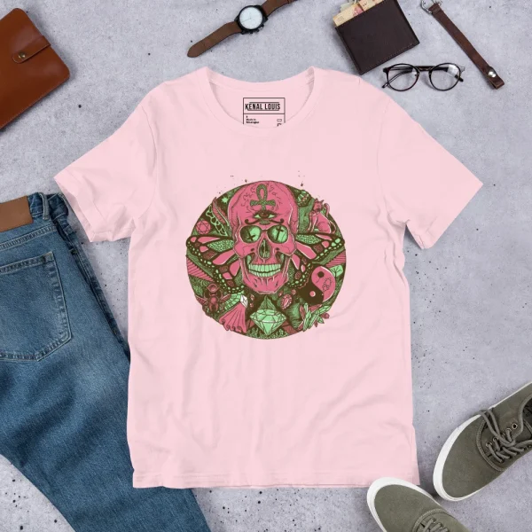 Pink skull t-shirt with intricate green and pink Circle of Humanity design featuring botanical elements