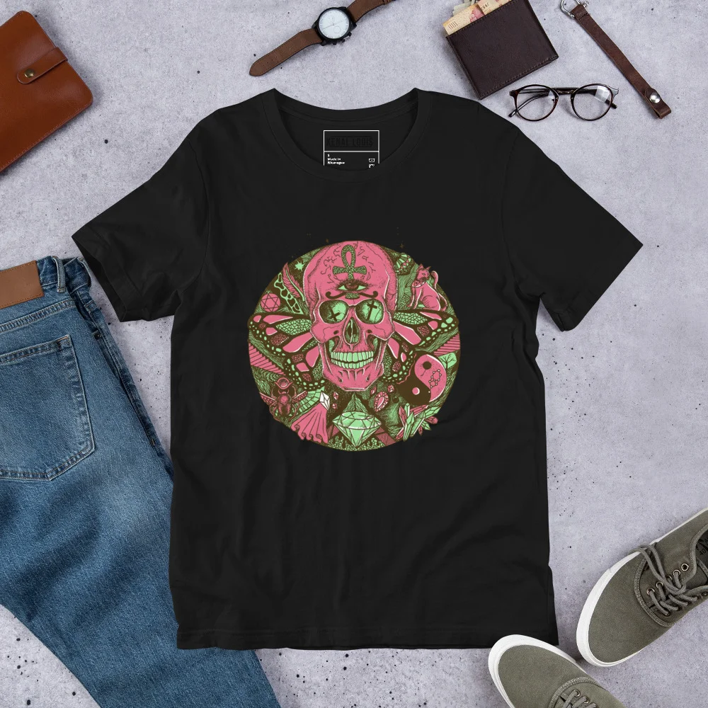Black skull t-shirt with pink and green circle of humanity design featuring floral and botanical motifs
