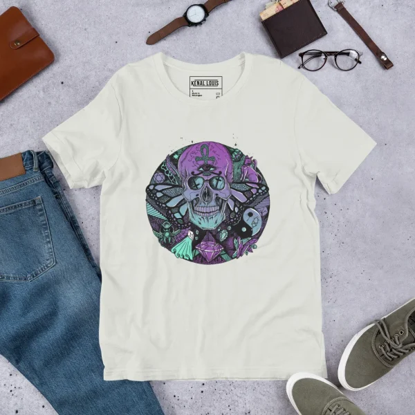 Cream skull t-shirt with purple and teal circle of humanity art design featuring intricate skull imagery and decorative elements