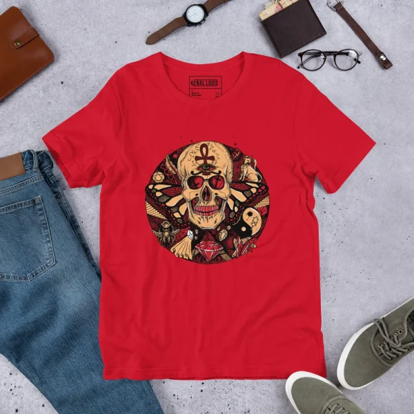 Red skull t-shirt with ornate circle of humanity artwork featuring gold and red decorative elements