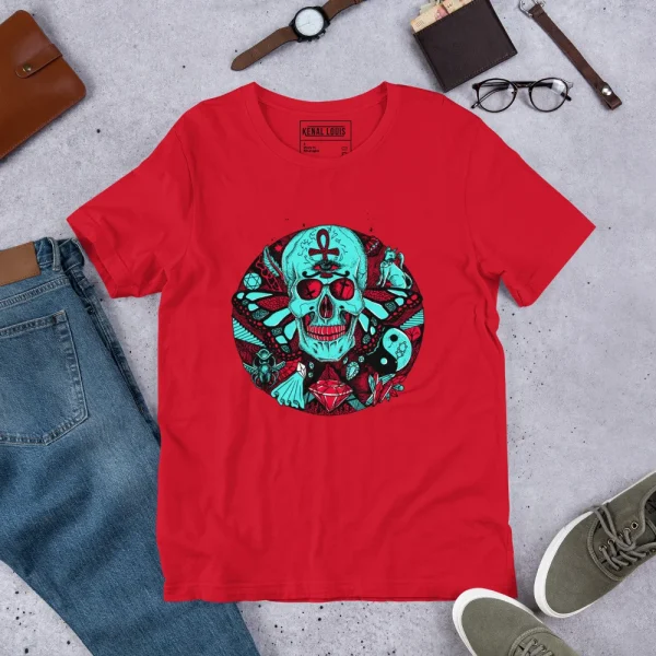 Red skull t-shirt with turquoise and red circular skull art design featuring intricate details