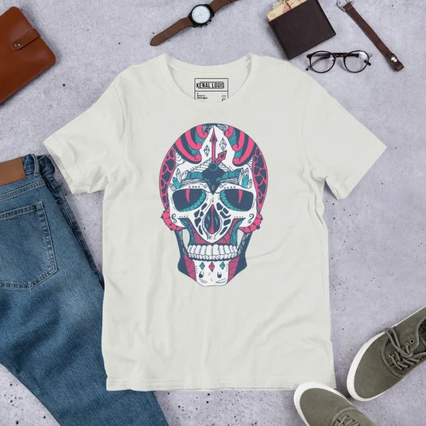 Cream skull t-shirt with colorful skull design featuring white rose and geometric patterns