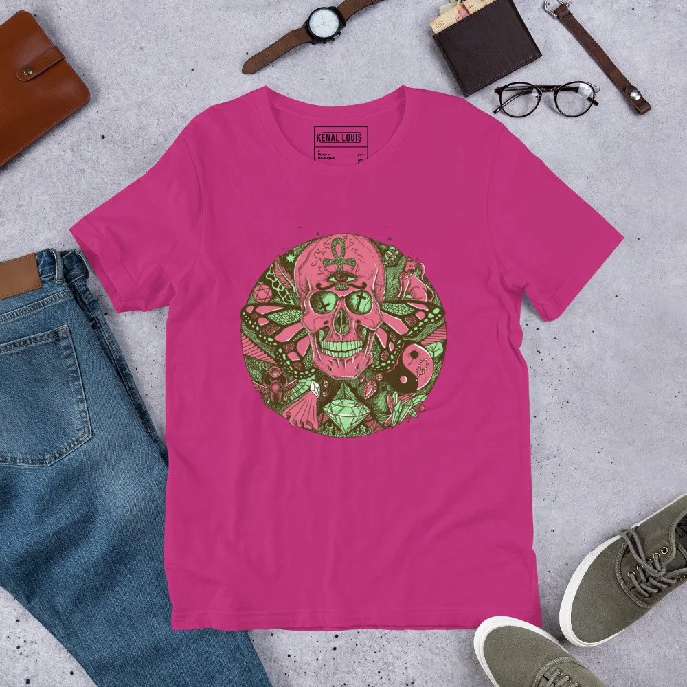 Pink skull t-shirt with intricate green botanical and floral circle of humanity design