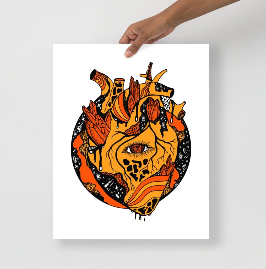 Vibrant orange cosmic heart glowing with sacred spiritual mystical art energy