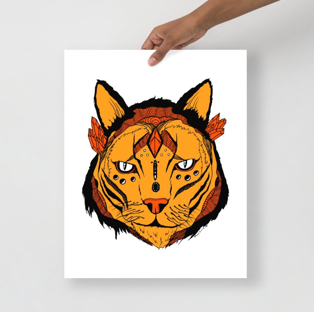 Bold wildcat portrait surrounded by radiant spiritual mystical art elements