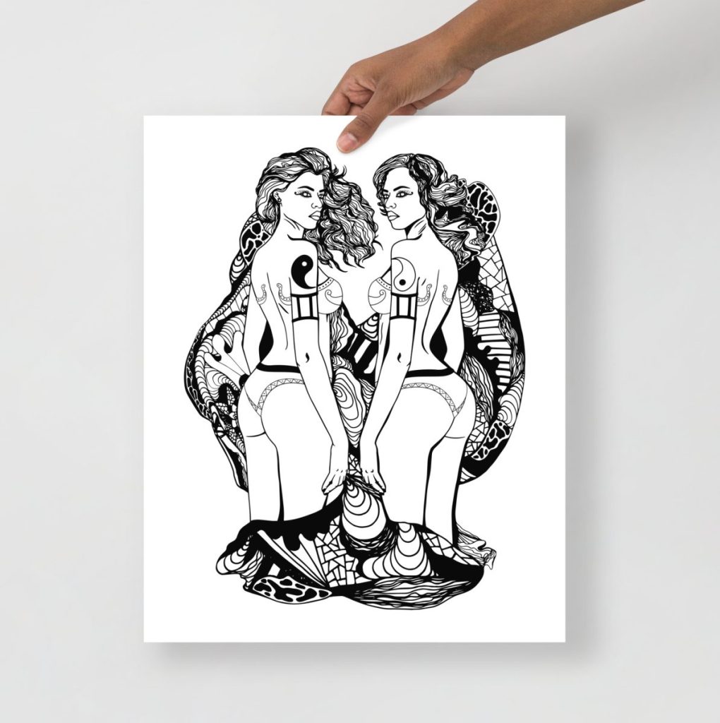Graceful Gemini twins depicted in feminine zodiac line art wall decor