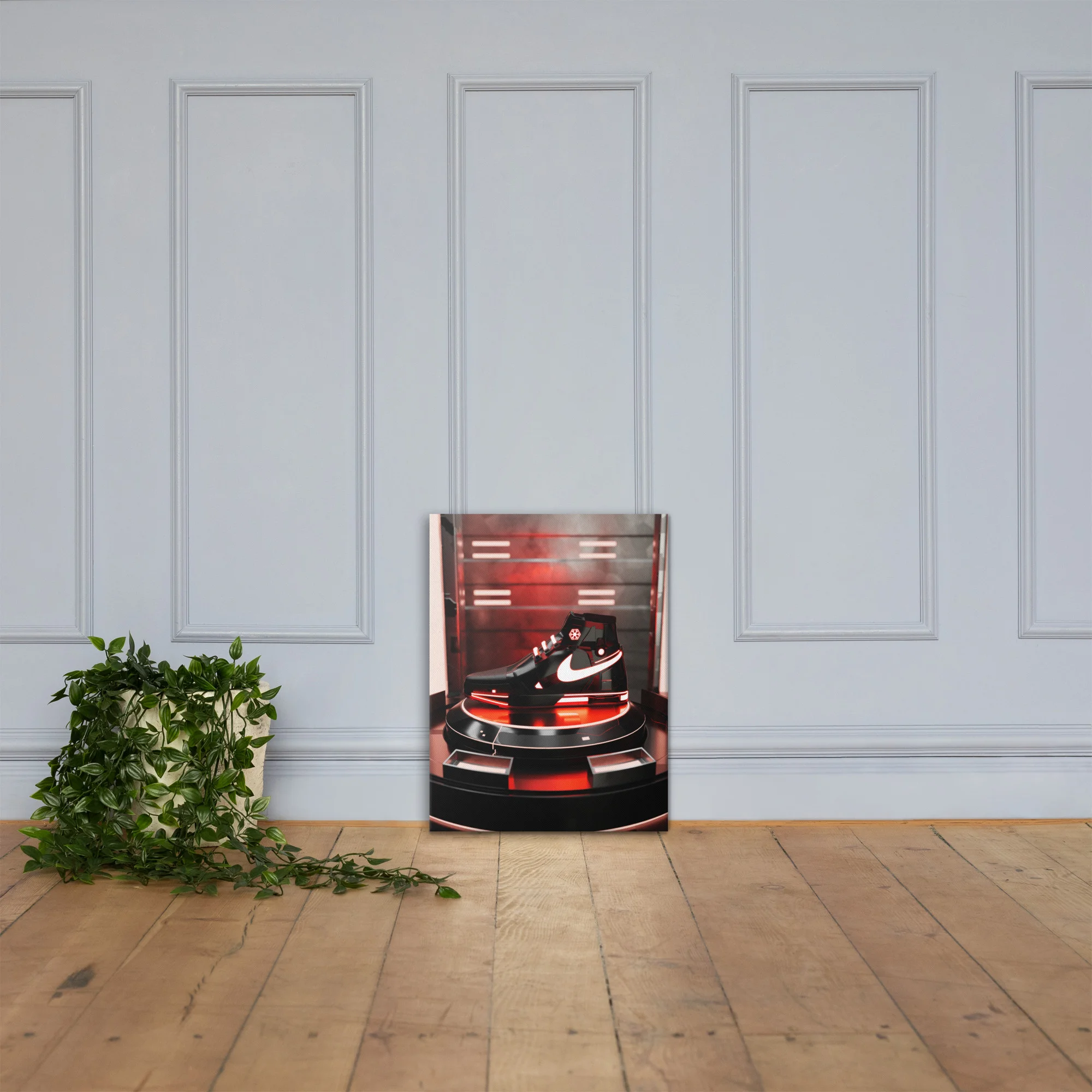 Sith red Star Wars Nike concept shoe canvas wall art displayed on wooden floor against paneled wall