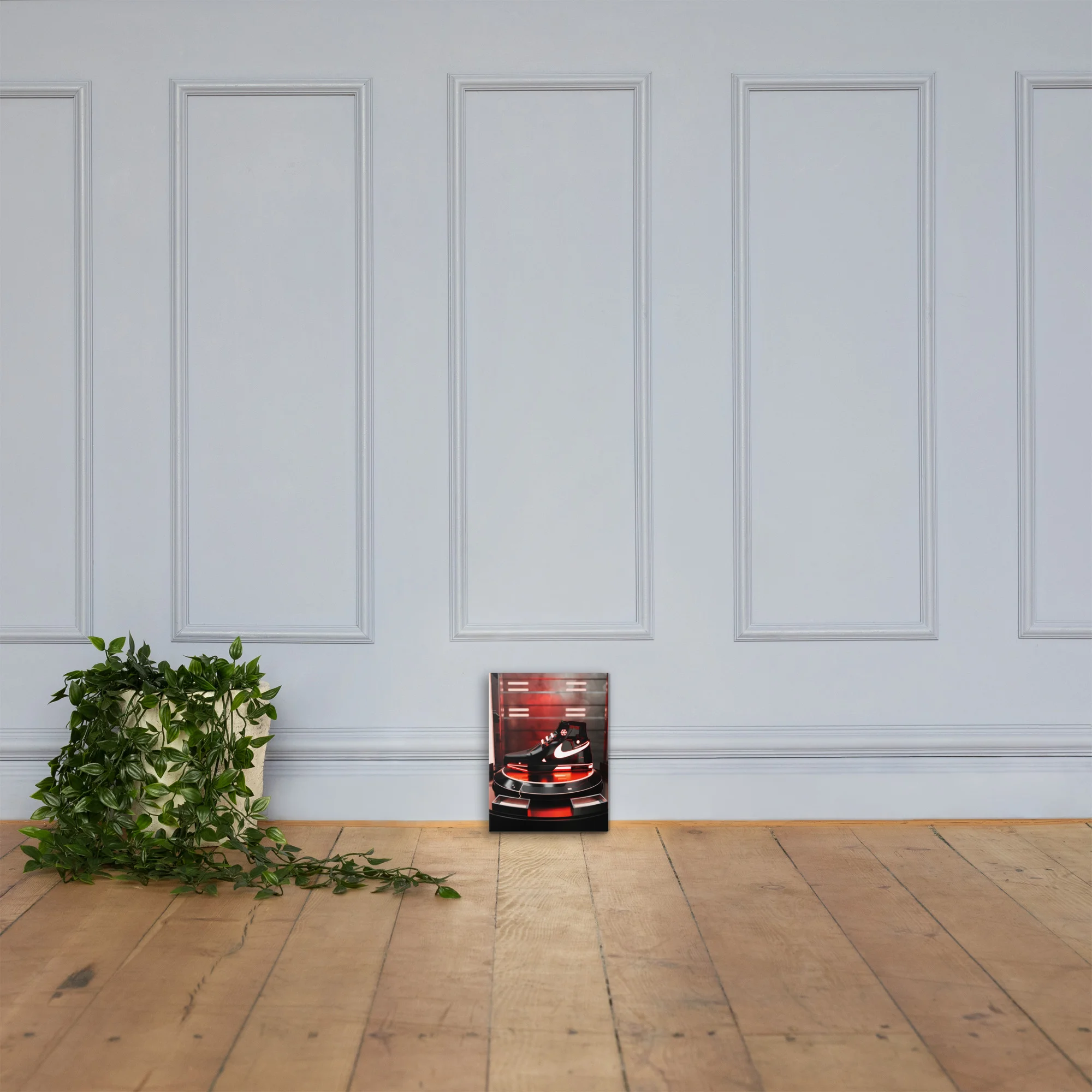 Sith red Star Wars Nike concept shoe canvas wall art displayed on white paneled wall above wooden floor