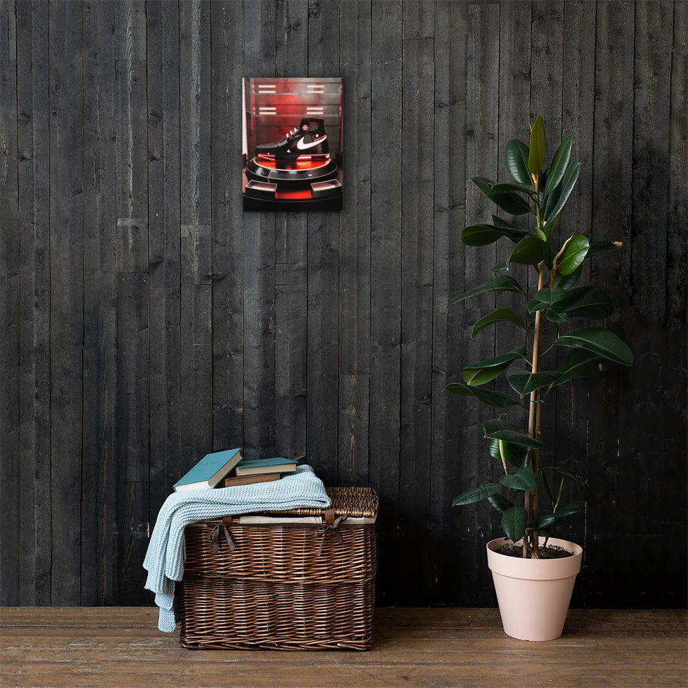 Sith red Star Wars Nike concept shoe canvas wall art displayed on dark wooden wall above wicker basket