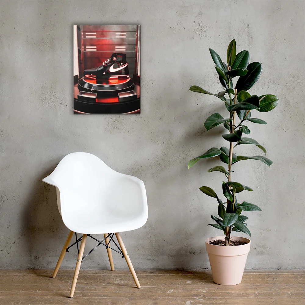 Sith red Star Wars Nike concept shoe canvas wall art featuring a black and red sneaker on an illuminated display pedestal.
