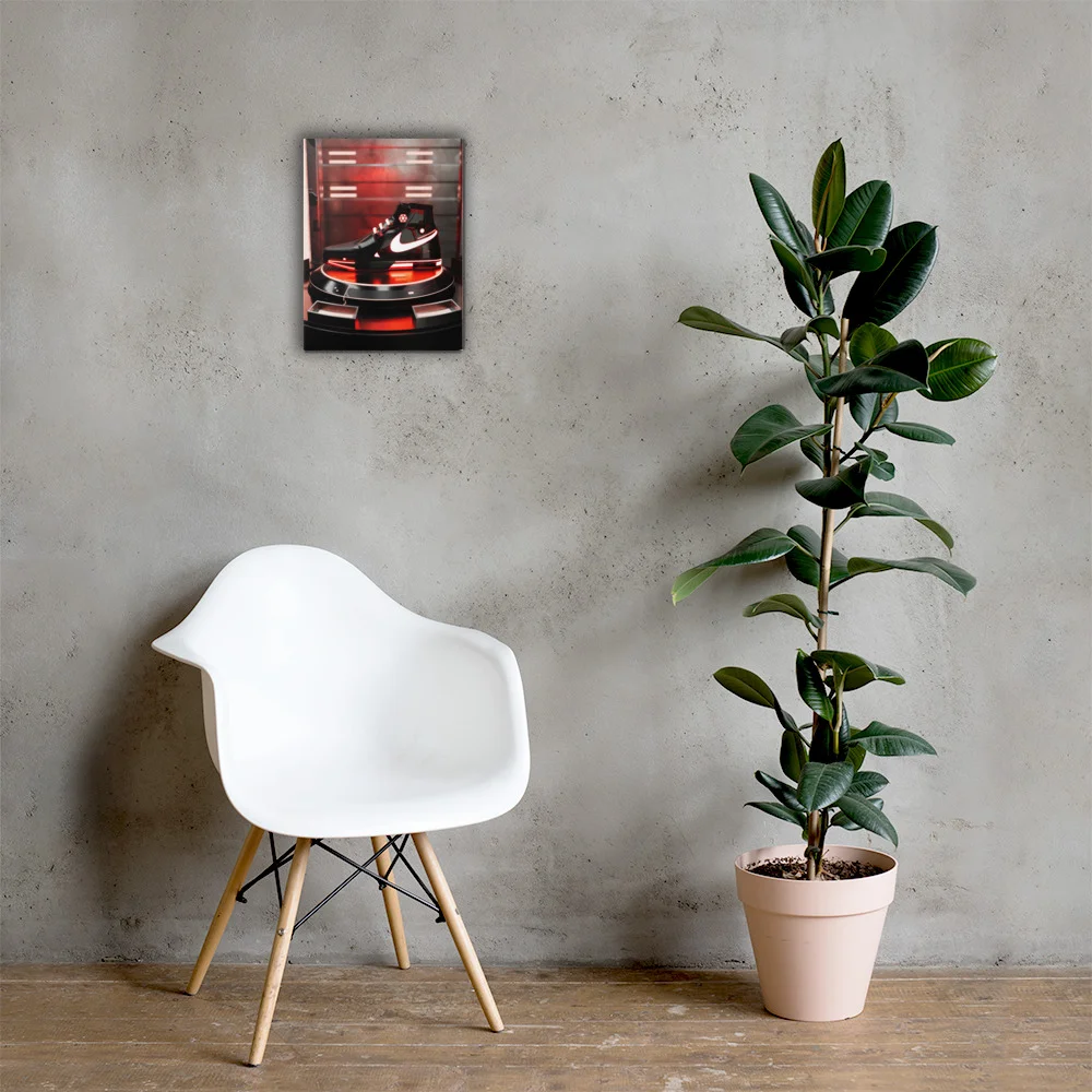Sith red Star Wars Nike concept shoe canvas wall art displayed above white chair in modern interior