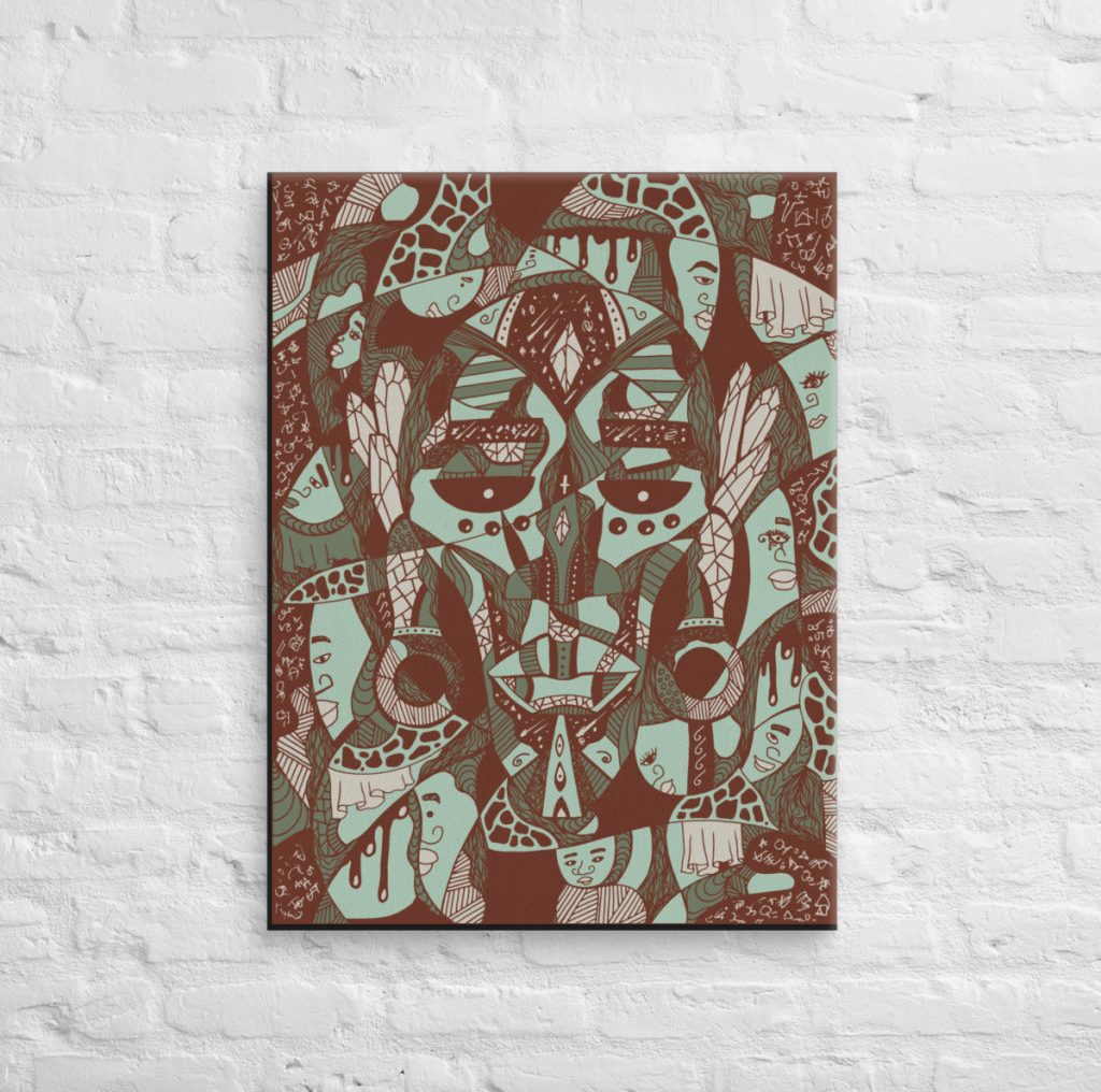 Sage green afrocentric statement canvas piece displaying rich African mask cultural artwork