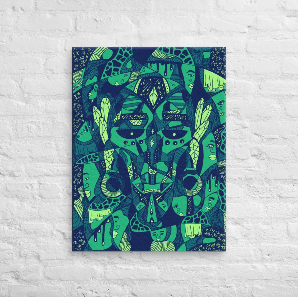 Vibrant green African mask canvas art with Atok and twelve tribe chiefs depicted