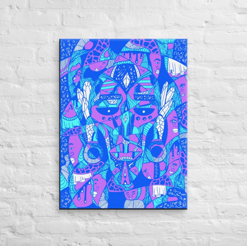 Deep blue African mask canvas wall art highlighting Atok and twelve tribe chiefs