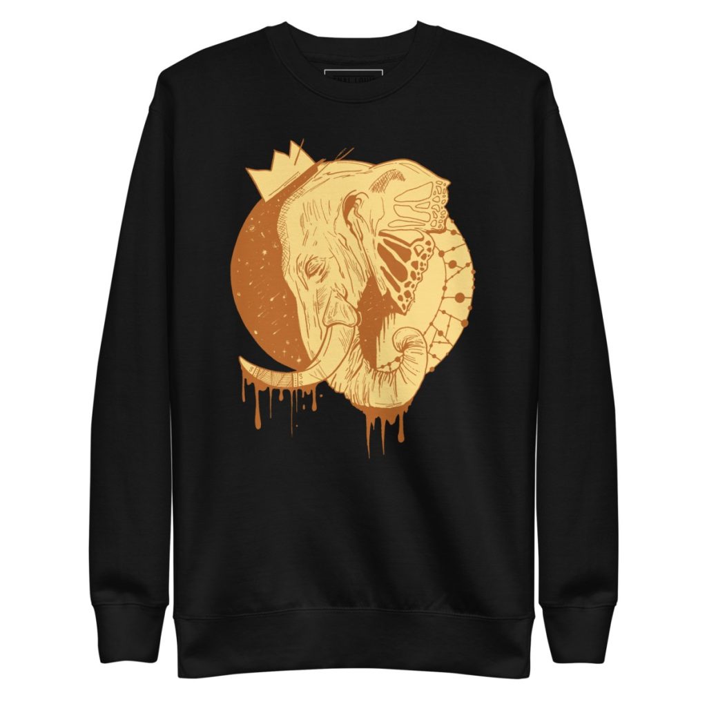 Bold statement sweatshirt featuring a crowned elephant illustration on cozy fleece crewneck