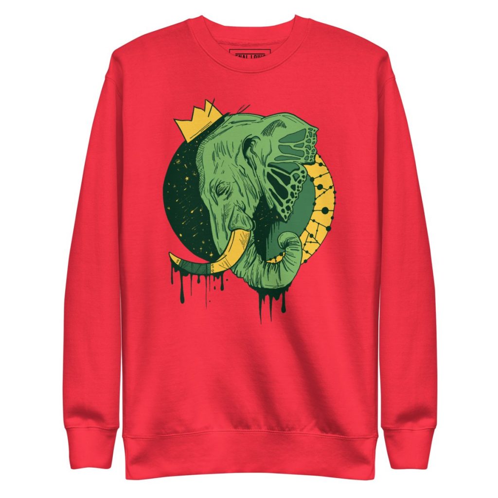 Regal elephant wearing royal crown illustration on a versatile art crewneck sweatshirt