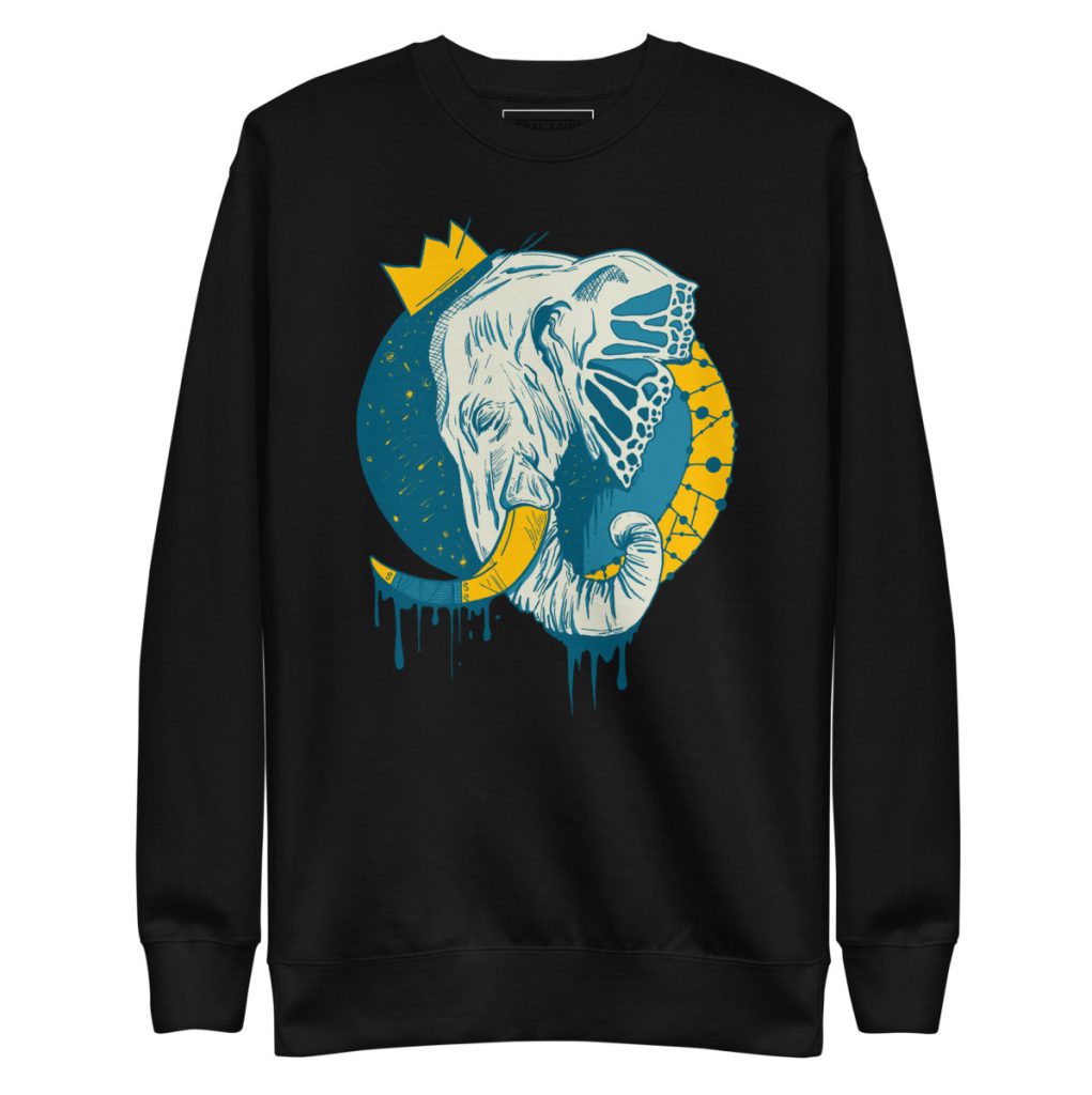 Elegant elephant crown illustration crewneck sweatshirt perfect for animal art lovers