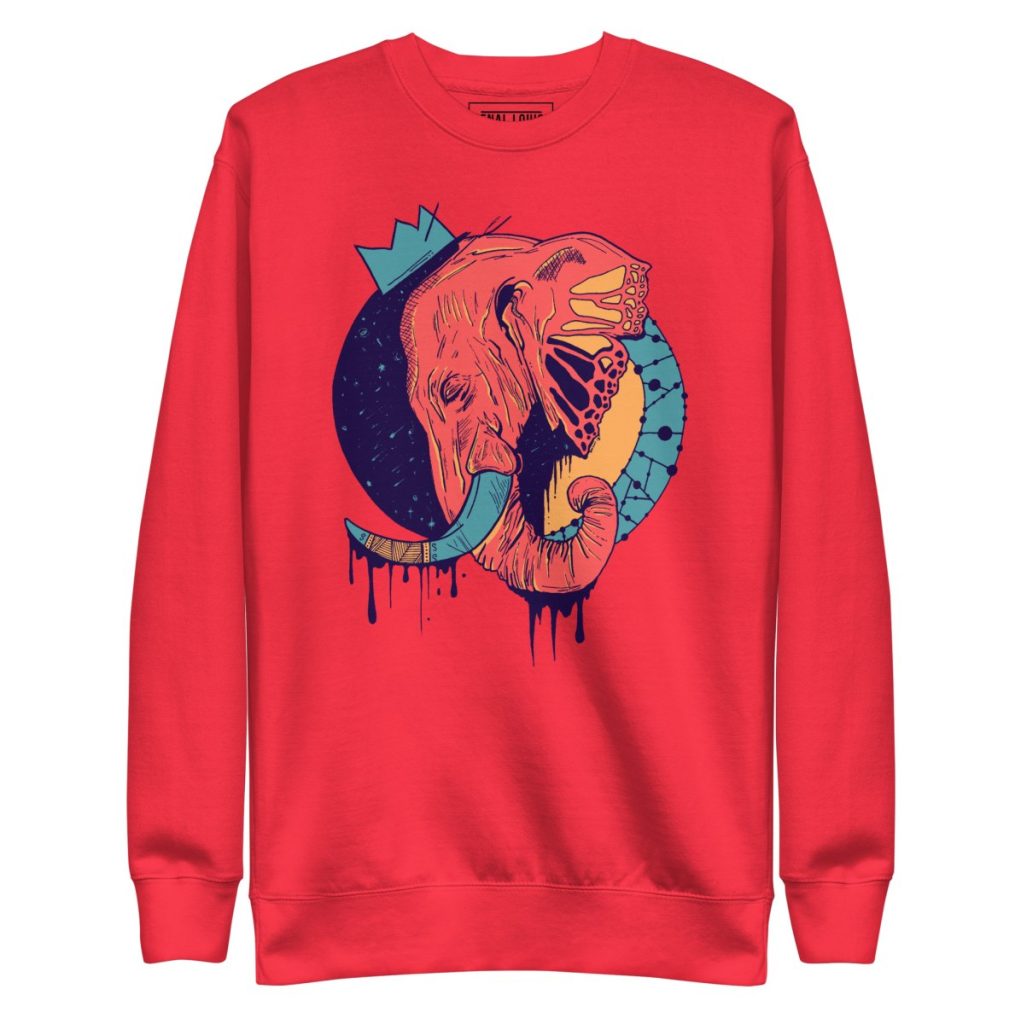 Artistic statement sweatshirt showcasing detailed elephant crown illustration on soft crewneck