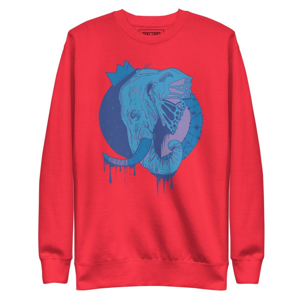 Fleece crewneck with elephant crown line art making a stylish wearable statement