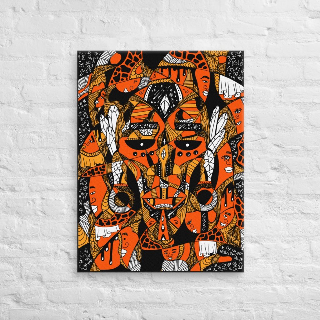 Afrocentric stretched canvas prints featuring Atok surrounded by twelve vibrant tribal chief masks