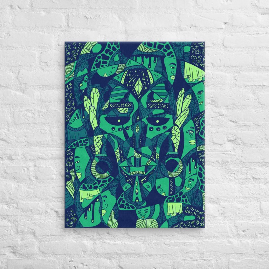 Green-hued African mask canvas wall art celebrating Atok and twelve tribe chiefs