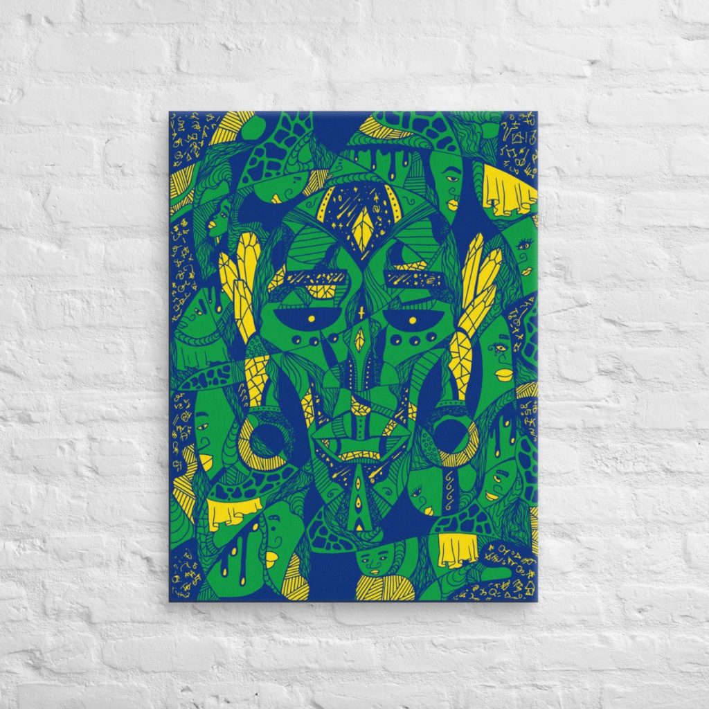 Brazil-inspired African mask stretched canvas print showcasing Atok and twelve tribal chiefs