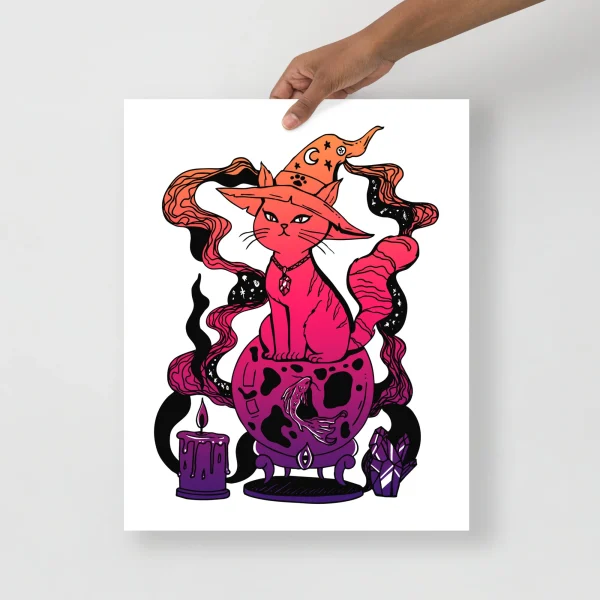 Magical sunset cat art print featuring a mystical feline in pink and orange with flowing hair, witch hat, and glowing crystal orb surrounded by cosmic elements.